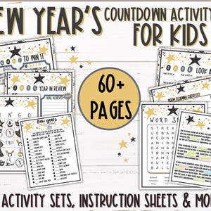 May include: A New Year's Countdown Activity Set for Kids, featuring various activity sheets with gold stars and black text. The set includes bingo, word search, and Mad Libs games, with over 60 pages and 12+ activity sets.