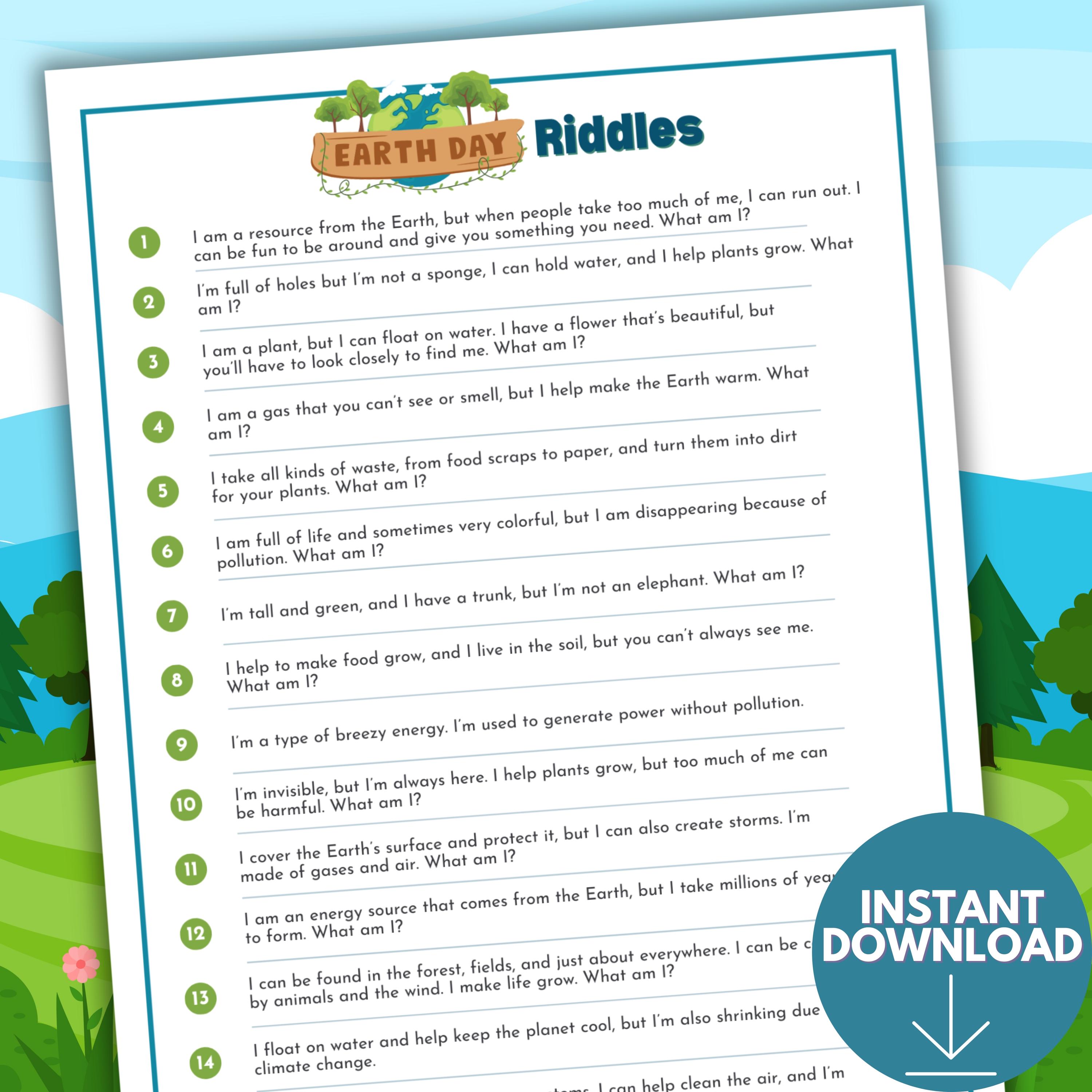 Earth Day Math Riddles Earth Day Printable Riddles | Earth Day Activity | Earth Day Riddles ...