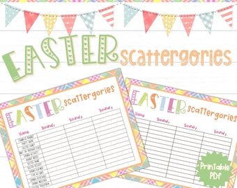 May include: Printable Easter Scattergories game with two pages. Each page has a colorful plaid border and a title that says "Easter Scattergories". The game includes a list of categories related to Easter, such as "Easter Candy", "Spring Activity", and "Easter Dessert".