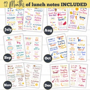 July through December lunchbox notes for kids and teens is shown on this page. A different color scheme is used for each month. Printable lunch box note cards includes holidays and jokes also.10 lunch box cards are on each page.