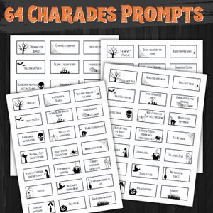 Halloween Charades comes as a set 0f 64 Charades cards divided over 4 pages plus instructions. It's as easy as download, print, cut, and play! Makes the perfect last minute Halloween Party Game for teens and adults. Halloween Charades is simple fun