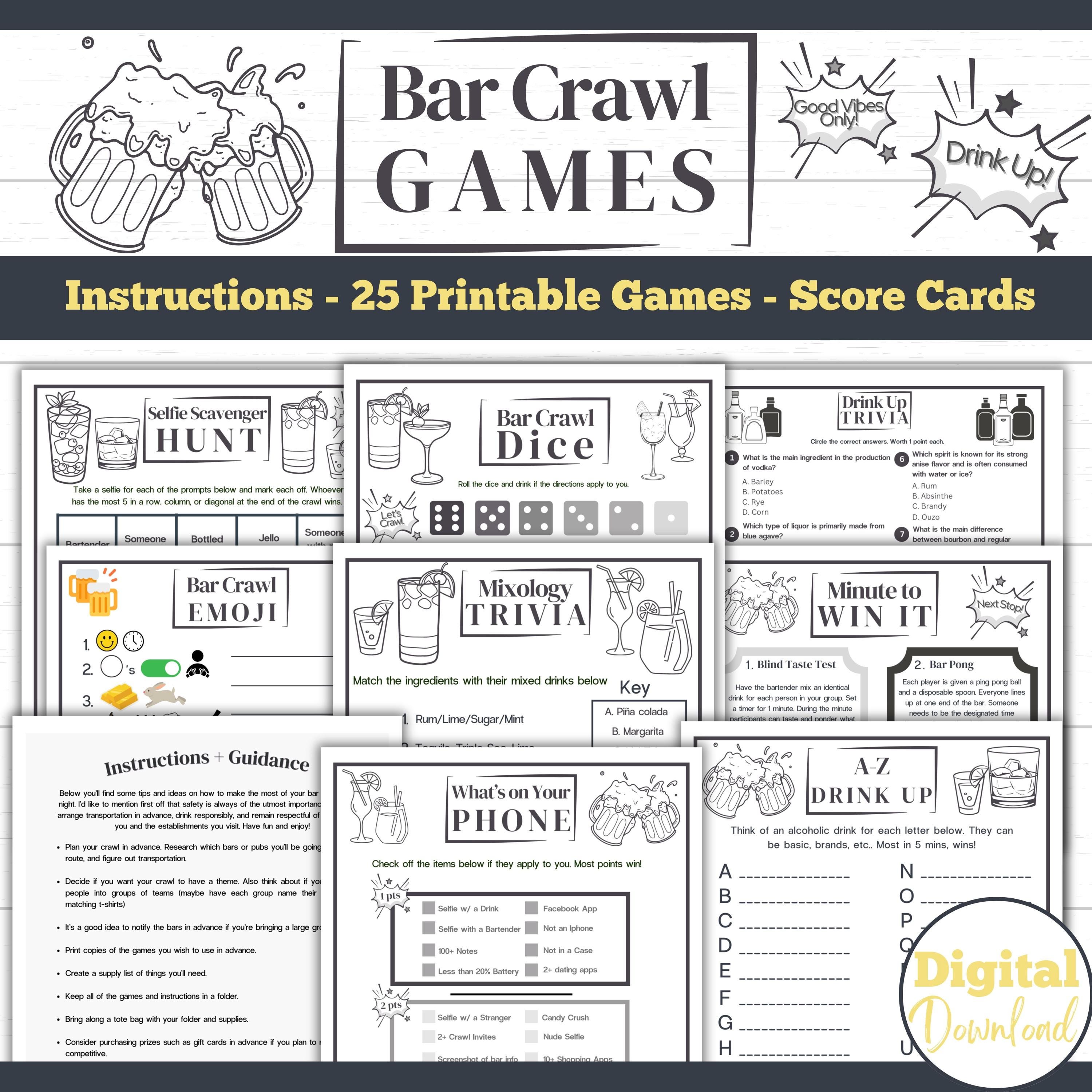 Bar Crawl Games | Adult Drinking Games | Pub Crawl Games | Find Someone Who Game | Scavenger Hunt | 25 Printable Bar Crawl Games | Bar Bingo
