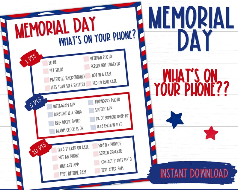 Memorial Day Phone Game Printable Memorial Day Game What's on Your
