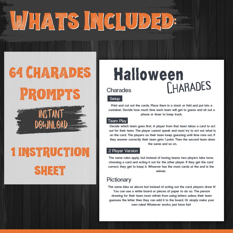 Adult Halloween Game Charades is printable and just perfect to be used as Teen Halloween Charades or at your next party. Everything you need is included in the instant download PDF file. Halloween Charades comes with 64 cards and instructions.
