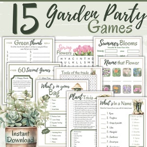 May include: A set of 15 printable garden party games with a watercolor floral theme. The games include "Green Thumb", "Spring Flowers", "Summer Blooms", "Name that Flower", "60 Second Games", "Tools of the Trade", "What's in your Bag", "Plant Trivia", and "What's in a Name".