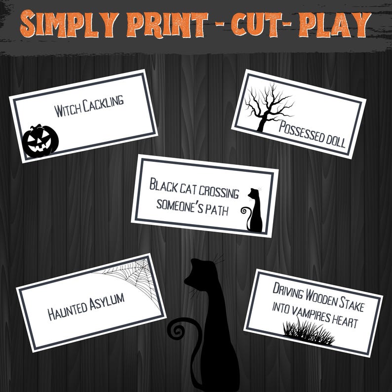 Teen Halloween Charades comes with 64 cards and instructions. The cards vary from easy to difficult so everyone can enjoy this Adult Halloween Game.