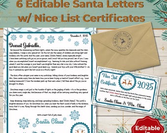Druckbare Weihnachtsbriefe, Bearbeitbare Briefe von Santa für Kinder, Personalisierte Weihnachtsbriefvorlagen mit schönen Listenzertifikaten, Canva Editierbar