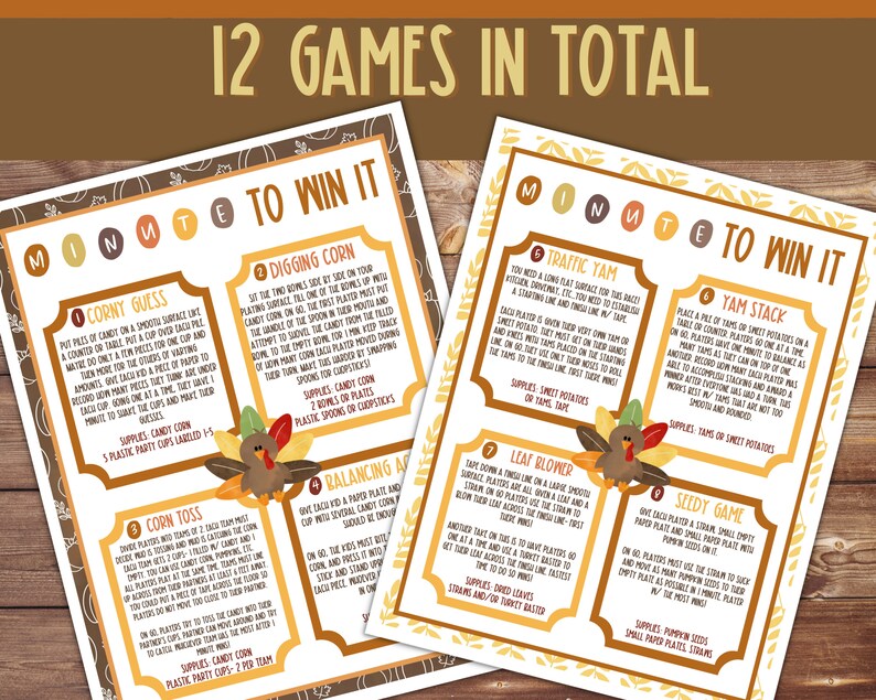 Peut inclure: Imprim&eacute;s de jeux de f&ecirc;te de Thanksgiving avec des instructions pour 12 jeux, dont Corn Toss et Yam Stack. Le texte "12 Games in Total" est en haut. Les jeux sont sur un fond en bois.