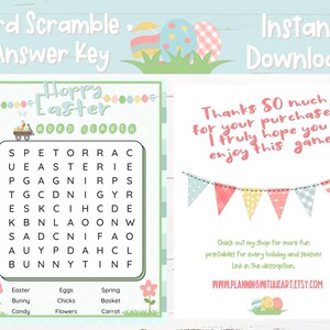 May include: A printable Easter-themed word search game with the words to find listed below the puzzle. The words are Easter, Bunny, Candy, Eggs, Chicks, Flowers, Spring, Basket, and Carrot. The words are in a grid with the words "Hoppy Easter Word Search" at the top. The words "Word Scramble Answer Key" and "Instant Download" are also visible.