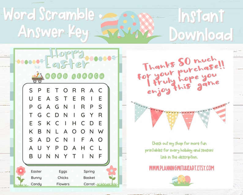 May include: A printable Easter-themed word search game with the words to find listed below the puzzle. The words are Easter, Bunny, Candy, Eggs, Chicks, Flowers, Spring, Basket, and Carrot. The words are in a grid with the words "Hoppy Easter Word Search" at the top. The words "Word Scramble Answer Key" and "Instant Download" are also visible.