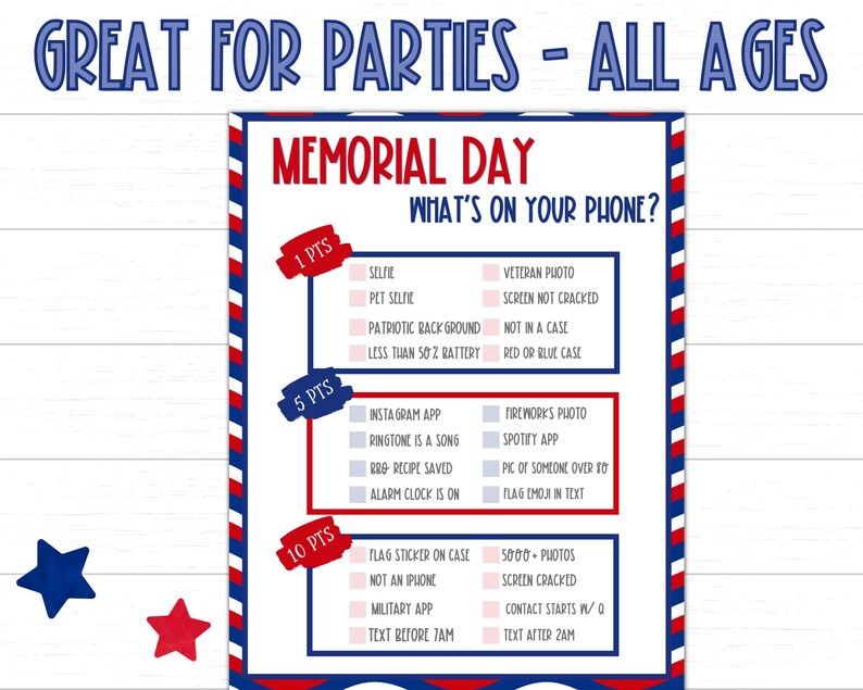 Memorial Day Phone Game Printable Memorial Day Game What's on Your
