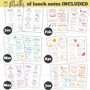 This page shows examples of the Lunchbox notes you'll receive. January through June lunch box cards and jokes are shown on this page. A different color scheme for each month is used. Lunchbox notes for backpacks, home, and and school