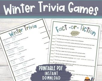 May include: Two printable winter trivia games on a light wood background. One game is titled "Winter Trivia" and the other is "Fact-or-Fiction." The games are designed with a teal and white colour scheme and include questions about winter.