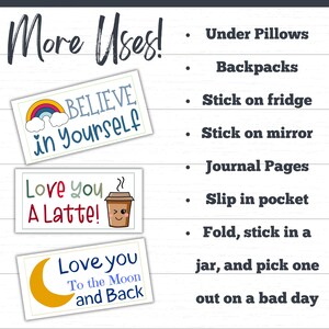 Lunchbox Notes for kids is shown in several designs with suggestions for additional uses included sticking on fridge or mirror, locker, positive affirmation jar, backpacks, under pillows, and more.