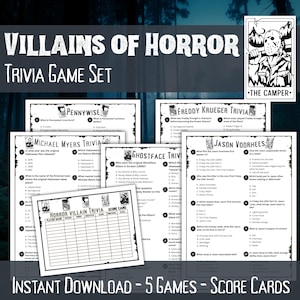 May include: A trivia game set featuring horror movie villains. The set includes trivia cards for Pennywise, Michael Myers, Freddy Krueger, Ghostface, and Jason Voorhees, along with a score card. The text "Villains of Horror Trivia Game Set" is at the top.