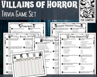 Druckbare Halloween Party Spiele Trivia Set, enthält die klassischen Bösewichte Jason Vorhees, Michael Myers, Ghostface, Pennywise und Freddy Krueger