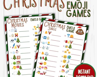 May include: Two Christmas Emoji Games printables. One is for Christmas Movies and the other is for Christmas Songs. Both have a green border with red and white stripes. The games have emoji clues to guess the movie or song.