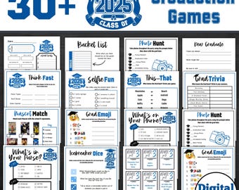 卒業パーティー、印刷可能な卒業パーティーゲーム、30種類以上の卒業ゲームセット、高校卒業、大学卒業、2025年卒業生