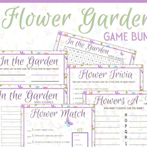 May include: A printable flower garden game bundle with five different games: In the Garden Word Search, Flower Trivia, In the Garden Word Scramble, Flower Match, and Flowers A-Z. The games are designed with a purple and white floral background.