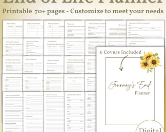 Può includere: Un planner di fine vita stampabile con 6 copertine diverse. Le copertine presentano un design ad acquerello di girasoli. Il planner include sezioni per farmaci, fornitori di assistenza medica, polizze assicurative, informazioni bancarie, panoramica del debito, panoramica degli asset, account di social media, accesso ai dispositivi elettronici, accesso agli account dei siti Web, informazioni di contatto di familiari e amici, servizi pubblici domestici e altro ancora. Il planner è intitolato "Journey's End Planner".