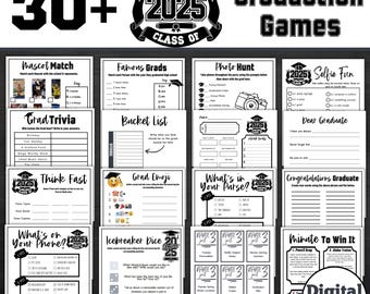 卒業パーティー、印刷可能な卒業パーティーゲーム、30種類以上の卒業ゲームセット、高校卒業、大学卒業、2025年卒業生