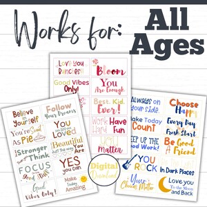 Lunchbox notes for kids and teens are printable and come in many colors and styles. Perfect for school lunch, daycare, camp, and more! Lunch box notes are shown as 10 per page which can be printed and cut out for use in lunchboxes and backpacks