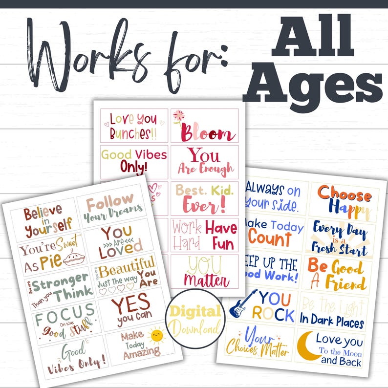 Lunchbox notes for kids and teens are printable and come in many colors and styles. Perfect for school lunch, daycare, camp, and more! Lunch box notes are shown as 10 per page which can be printed and cut out for use in lunchboxes and backpacks