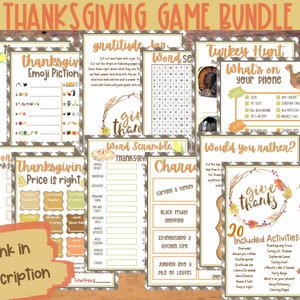 Peut inclure: Ensemble de jeux de Thanksgiving avec 20 activit&eacute;s, dont des jeux d'&eacute;mojis et des mots m&ecirc;l&eacute;s. Le texte "Link in description" est visible. Parfait pour les f&ecirc;tes.