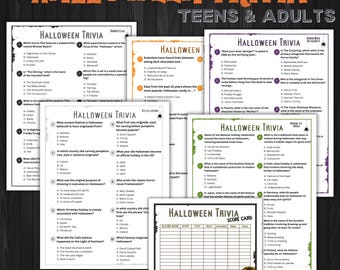 Op de afbeelding: Een verzameling Halloween trivia-spelbladen en een scorekaart. De trivia-bladen bevatten vragen over horrorfilms, de oorsprong van Halloween en gerelateerde onderwerpen. De tekst "Halloween Trivia" staat bovenaan elk blad.