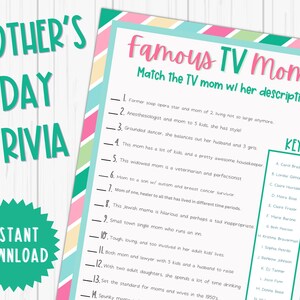 Mother&#39;s Day Trivia | Famous Mom Trivia | Mothers Day Printable Games | Mother&#39;s Day Activities | Mother&#39;s Day Party Game | TV Show Trivia