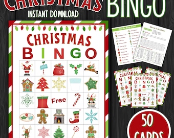 May include: A Christmas Bingo game set with a red and green striped border. The main game board features Christmas-themed images and the words "CHRISTMAS BINGO." Additional cards and instructions are included, along with a circle that says "50 CARDS."