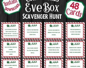 Weihnachtsabend Box Schnitzeljagd Set mit 48 Karten für alle Altersgruppen, druckbare Familien-Weihnachts-Bundle-Aktivität und Spiel