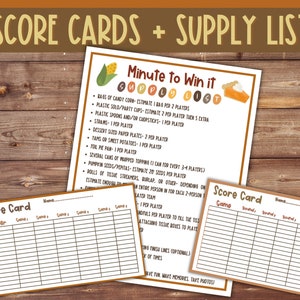 Peut inclure: Ensemble de cartes de score imprimables et une liste de fournitures pour le jeu Minute to Win It. La liste comprend des &eacute;l&eacute;ments comme des bonbons, des gobelets en plastique, des cuill&egrave;res, des pailles et des assiettes &agrave; dessert. Les cartes ont des espaces pour les joueurs et les manches.