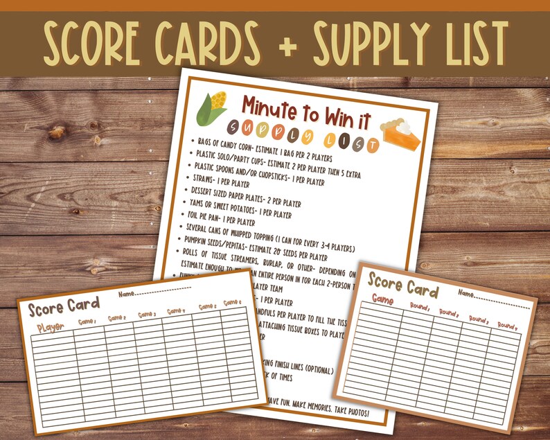 Peut inclure: Ensemble de cartes de score imprimables et une liste de fournitures pour le jeu Minute to Win It. La liste comprend des &eacute;l&eacute;ments comme des bonbons, des gobelets en plastique, des cuill&egrave;res, des pailles et des assiettes &agrave; dessert. Les cartes ont des espaces pour les joueurs et les manches.