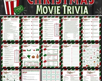 Weihnachtsfilm-Trivia-Spiel-Bundle, druckbare Weihnachtsfeier-Spiele, Filmquiz, Multiple-Choice, Würdest du lieber, Bingo, Rezepte & mehr