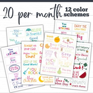 lunchbox notes for kids and teens in fun designs and colors. Printable lunch box cards include 260 cards total and are an instant download file. 20 lunch notes per page. Lunch jokes and seasonal and holiday cards are also included plus 2 blank pages