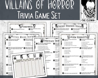 Horrorfilm Trivia Set, enthält die klassischen Bösewichte Jason Vorhees, Michael Myers, Ghostface, Pennywise und Freddy Krueger, druckbare Spiele