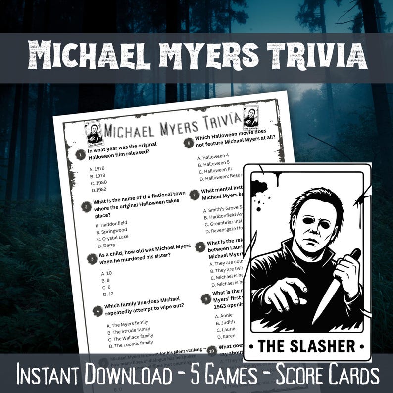 Slasher Trivia Printable Horror Movie Trivia Game Set, Jason Vorhees, Michael Myers ...