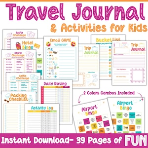 Diario di viaggio per bambini, giochi e attività per viaggi su strada, diario di viaggio stampabile per bambini con 39 pagine, diario stampabile per bambini, preadolescenti