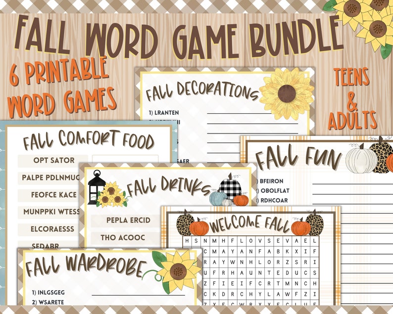 Fall Game bundle, Autumn Game bundle, Party Games, Fall Printable, Autumn Party Games, Fall Word Scramble, Adult Fall Game, Fall Word Search image 1