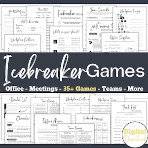 Puede incluir: Una descarga digital de más de 35 juegos rompehielos para reuniones de oficina, equipos y más. Los juegos están diseñados para ayudar a las personas a conocerse y construir relaciones. Los juegos incluyen una variedad de actividades, como juegos de adivinanzas, charadas y bingo.
