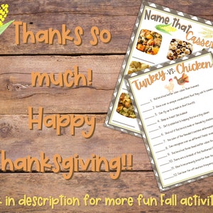 Peut inclure: Image de feuilles de jeu imprimables sur le th&egrave;me de l'Action de gr&acirc;ce sur un fond en bois. Les feuilles comprennent des jeux de trivia "Nommez ce plat en cocotte" et "Dinde contre poulet". Le texte "Merci beaucoup ! Joyeux Thanksgiving !!" est &eacute;galement pr&eacute;sent.