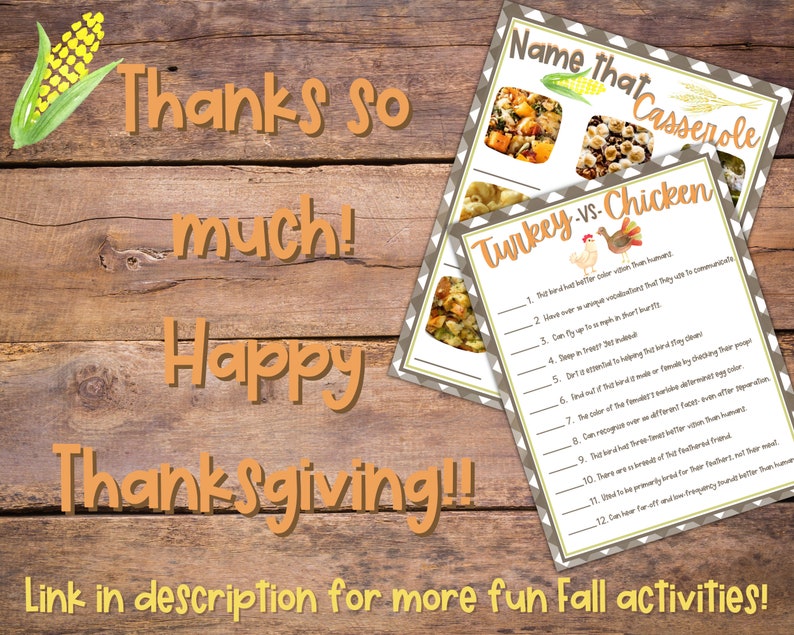 Peut inclure: Image de feuilles de jeu imprimables sur le th&egrave;me de l'Action de gr&acirc;ce sur un fond en bois. Les feuilles comprennent des jeux de trivia "Nommez ce plat en cocotte" et "Dinde contre poulet". Le texte "Merci beaucoup ! Joyeux Thanksgiving !!" est &eacute;galement pr&eacute;sent.