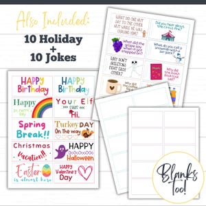 Lunchbox Notes shown are printable and include 12 months of lunchbox cards plus holiday specific cards, and 2 blank pages for DIY lunch card making as well.