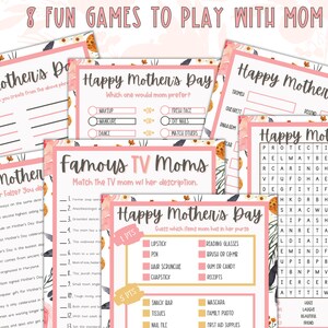 May include: A set of printable Mother's Day games with pink and floral designs. The games include a word search, a true or false quiz, a "guess what's in mom's purse" game, and a "famous TV moms" matching game.