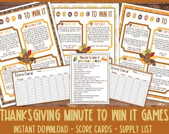 Thanksgiving-Spiele, druckbare Minute, um es für Thanksgiving zu gewinnen, beinhaltet insgesamt 12 Partyspiele für Kinder und Erwachsene