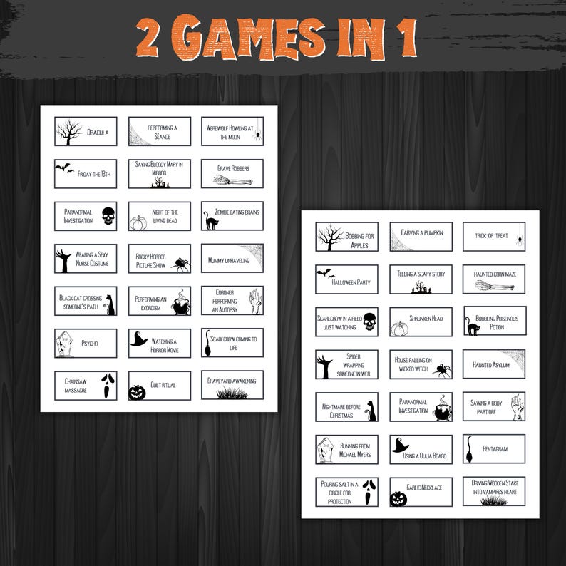 Adult Halloween game of Halloween Charades is simple fun with spooky Halloween designs in black and white. You get two games in one including Halloween Charades and Halloween Pictionary.