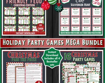 Urlaub Partyspiele Mega Bundle, Weihnachtsspielset, 4 Bestsellerpackungen in 1- Freundliche Fehde, Schnitzeljagd, Pass den Preis, 16 Partyspiele