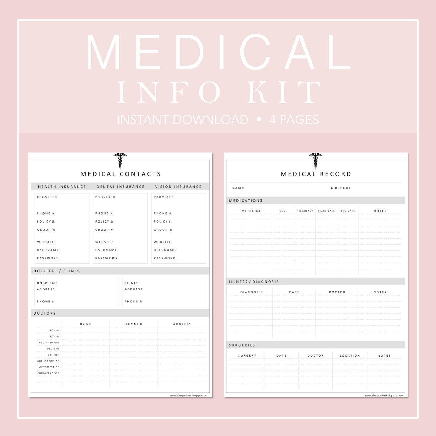 MEDICAL INFO PRINTABLES 4 Page Kit Instant Download | Etsy