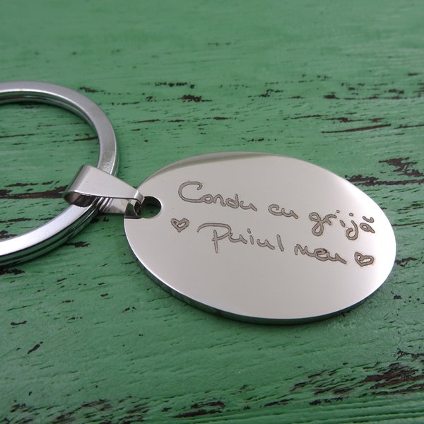 Personalized Handwritten Key Chain - Fingerprint Dog Tag Necklace for Him - Custom Oval Jewelry